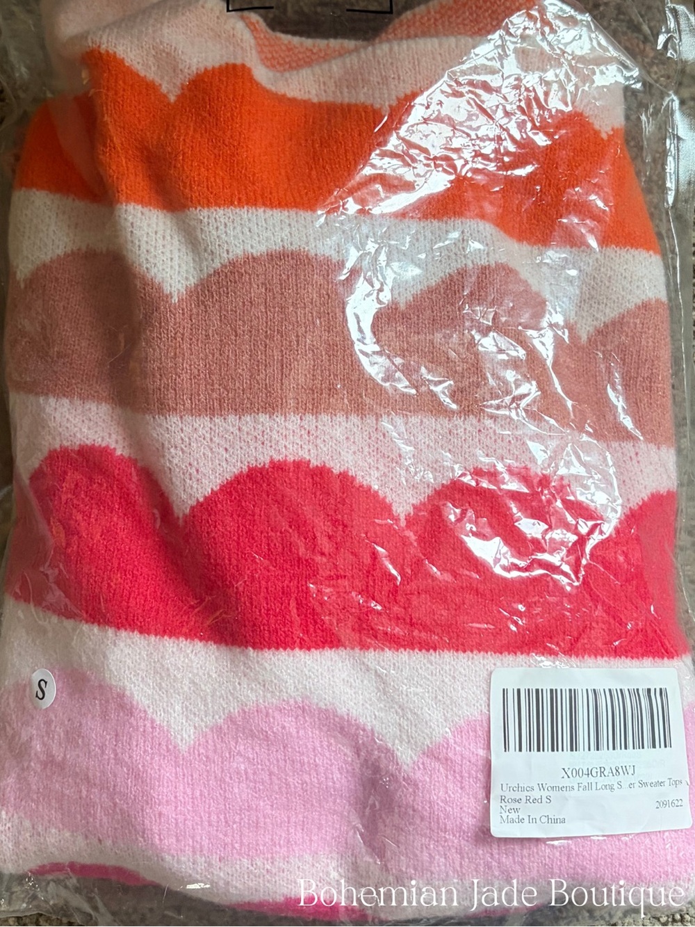 Colorful Scallop Stripe Balloon Sleeve Sweater Pink Orange Women’s Small - Picture 6 of 6